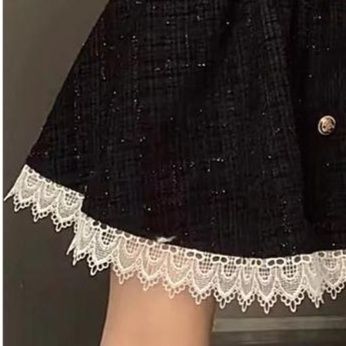 フレンチガーリー 黒ツイード白レース宮殿風ワンピース上品フリル