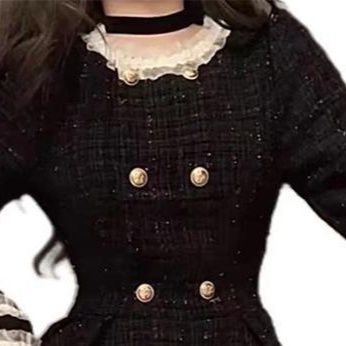 フレンチガーリー 黒ツイード白レース宮殿風ワンピース上品フリル