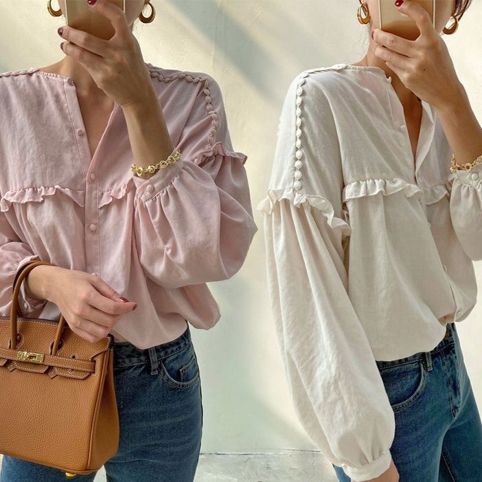 フレンチガーリー 春の刺繍フリルブラウス 袖ボリューム長袖シャツ