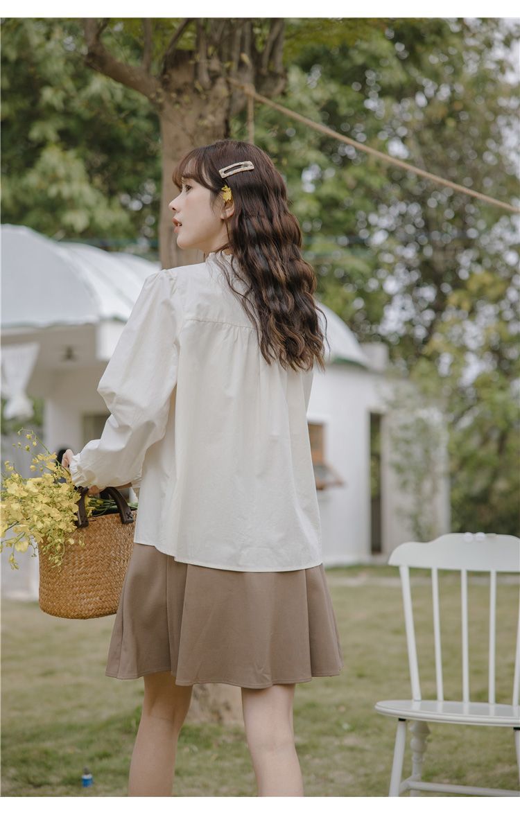 フレンチガーリー フリルネック長袖ブラウス白レディース新作