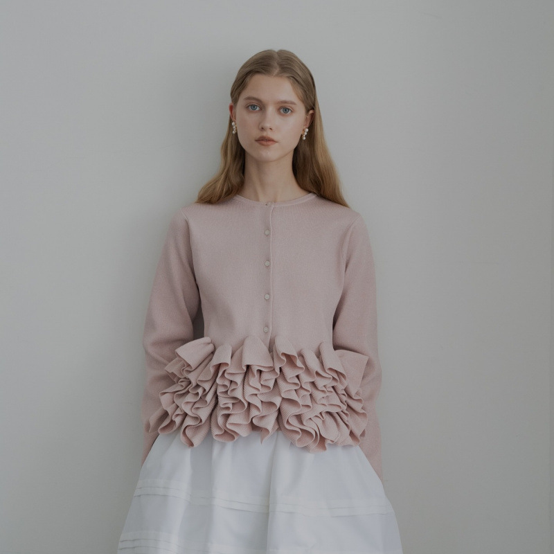 フレンチガーリー フリル裾ニットカーディガン 可愛い上品トップス