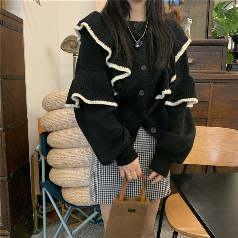 フレンチガーリー フリル襟カーディガン 上品ニット 黒白2色展開