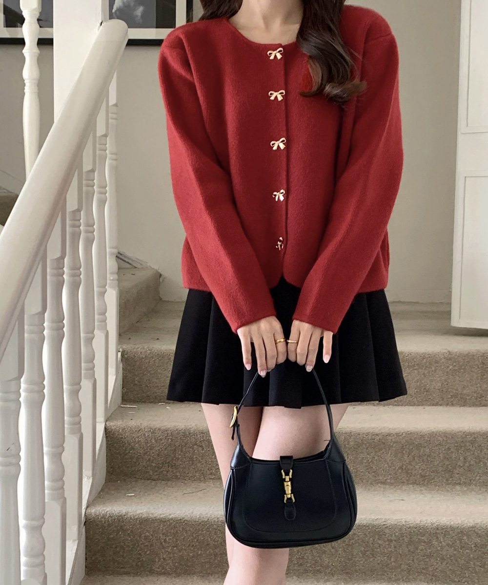 フレンチガーリー リボン金ボタンニットカーディガン 秋冬