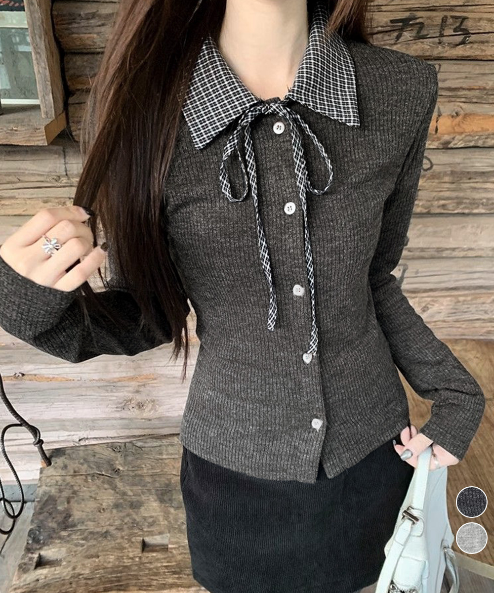 フレンチガーリー チェック衿リボンタイニットカーディガン