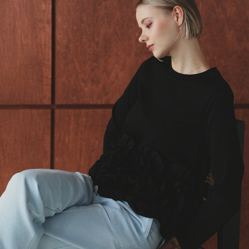 フレンチガーリー フリル装飾スウェットトップス３色展開