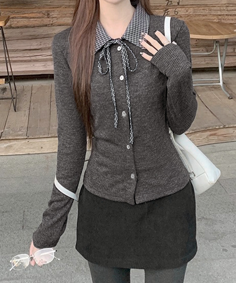 フレンチガーリー チェック衿リボンタイニットカーディガン