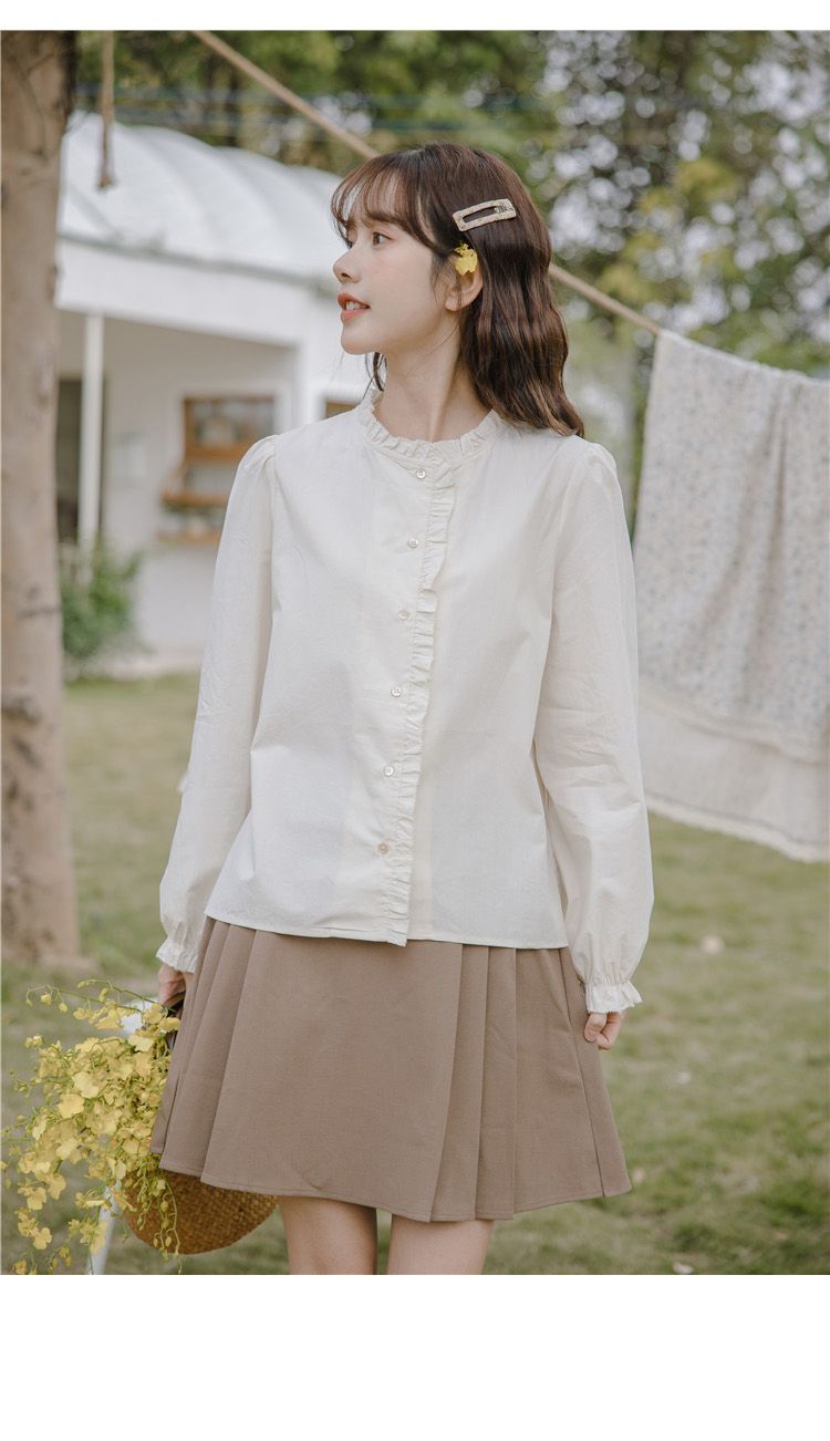 フレンチガーリー フリルネック長袖ブラウス白レディース新作