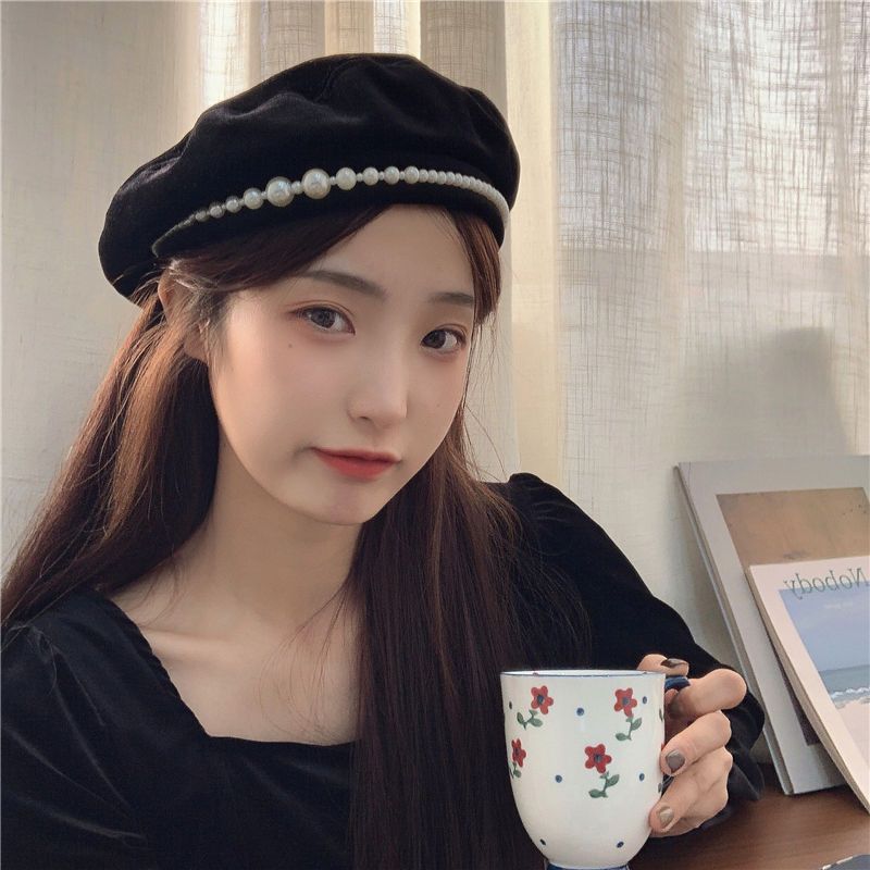 フレンチガーリー パール付きベレー帽 レディース 小顔効果 折りたたみ可能