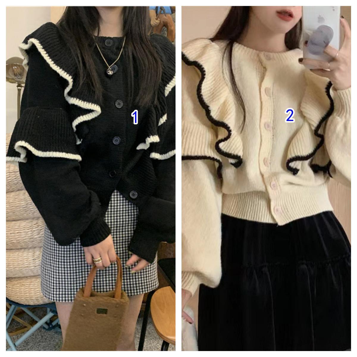 フレンチガーリー フリル襟カーディガン 上品ニット 黒白2色展開