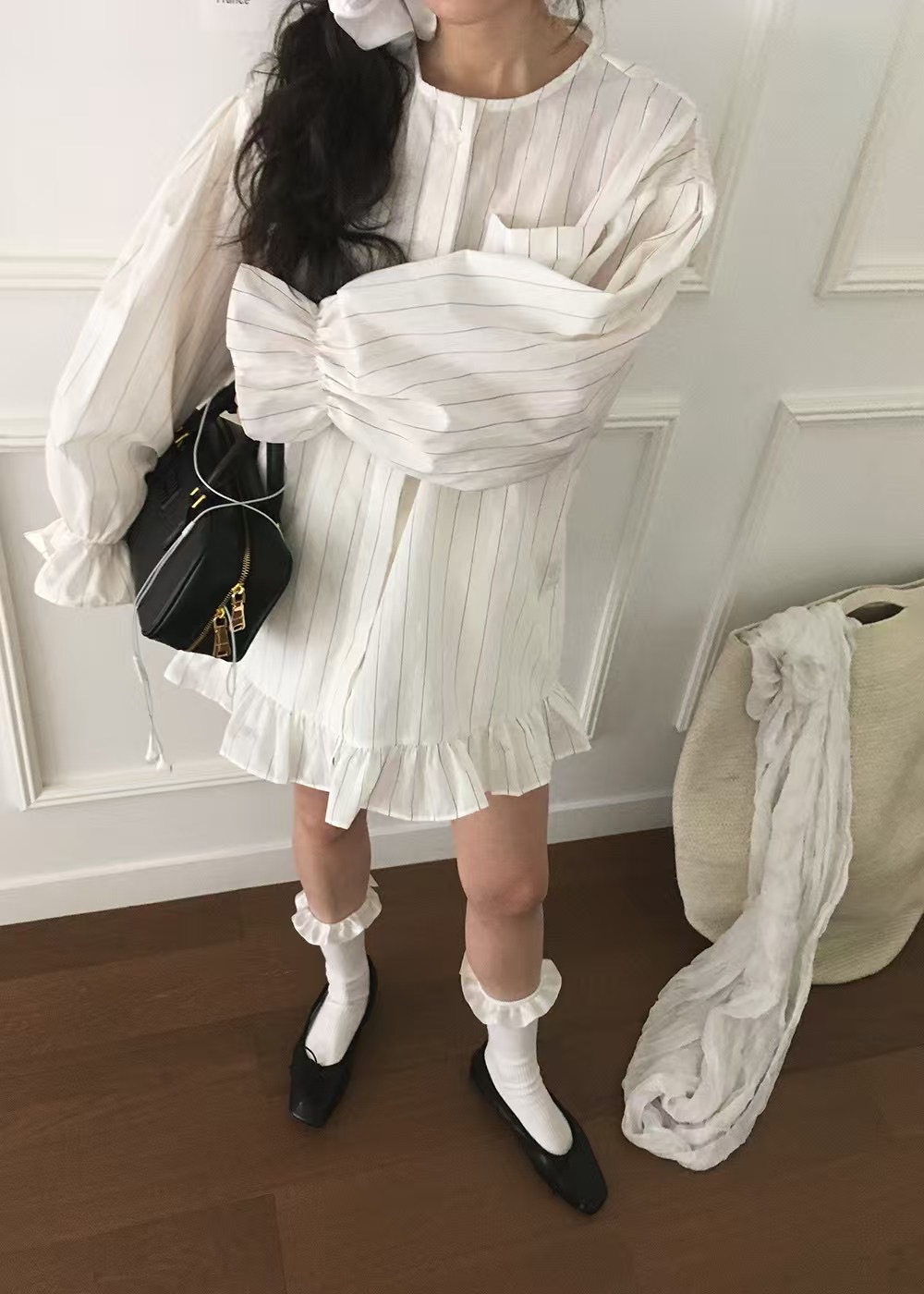 フレンチガーリー フリル裾ストライプシャツワンピース