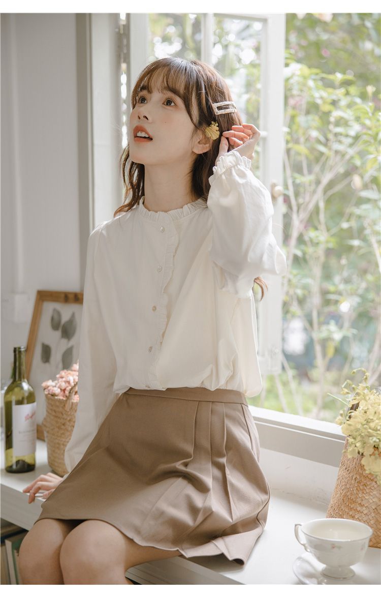 フレンチガーリー フリルネック長袖ブラウス白レディース新作