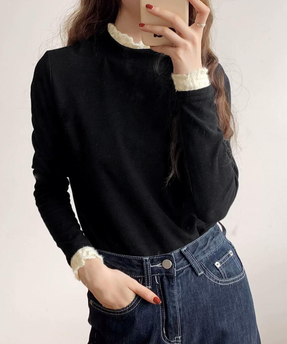 フレンチガーリー レース襟袖付きハイネックリブニット