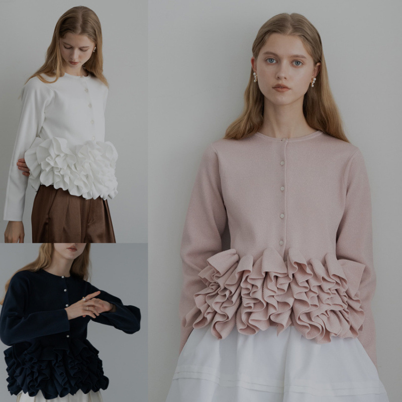 フレンチガーリー フリル裾ニットカーディガン 可愛い上品トップス