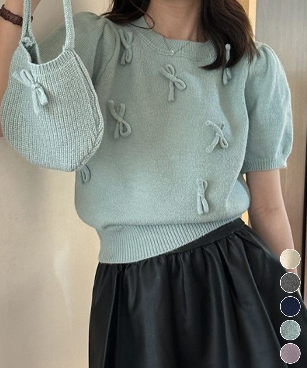 フレンチガーリー 立体リボン飾り付きパフ袖ニットトップス