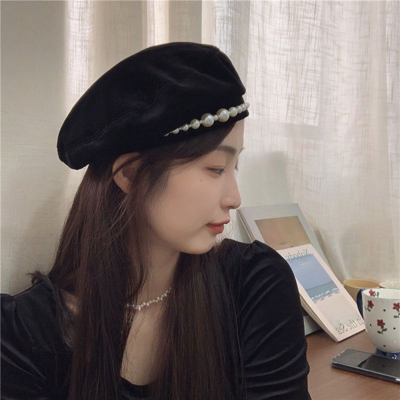 フレンチガーリー パール付きベレー帽 レディース 小顔効果 折りたたみ可能