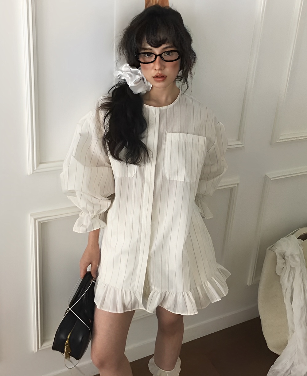 フレンチガーリー フリル裾ストライプシャツワンピース