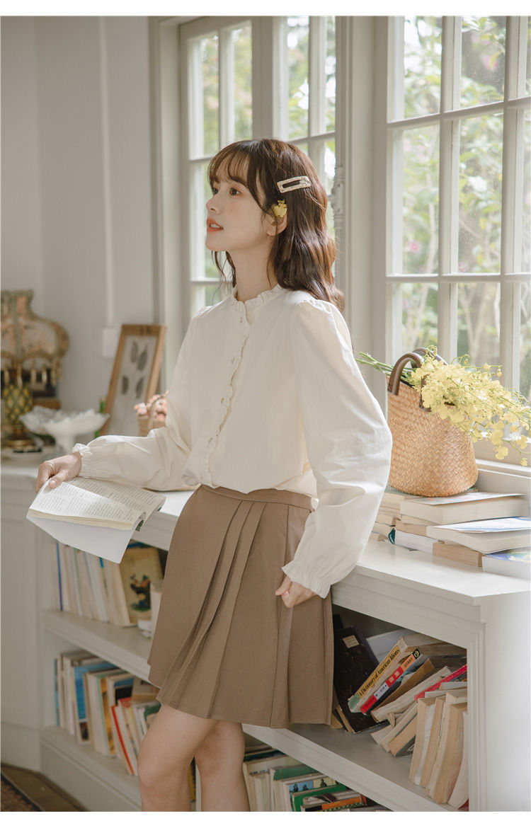 フレンチガーリー フリルネック長袖ブラウス白レディース新作