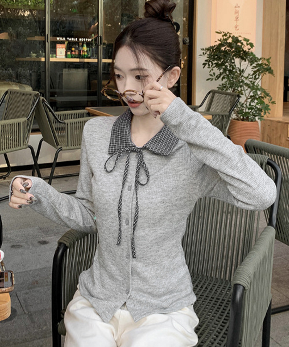 フレンチガーリー チェック衿リボンタイニットカーディガン