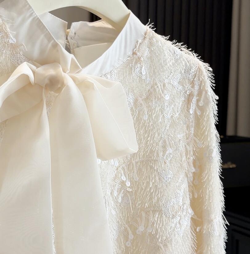 フレンチガーリー レース蝶結びブラウス・フリンジ素材・２色展開