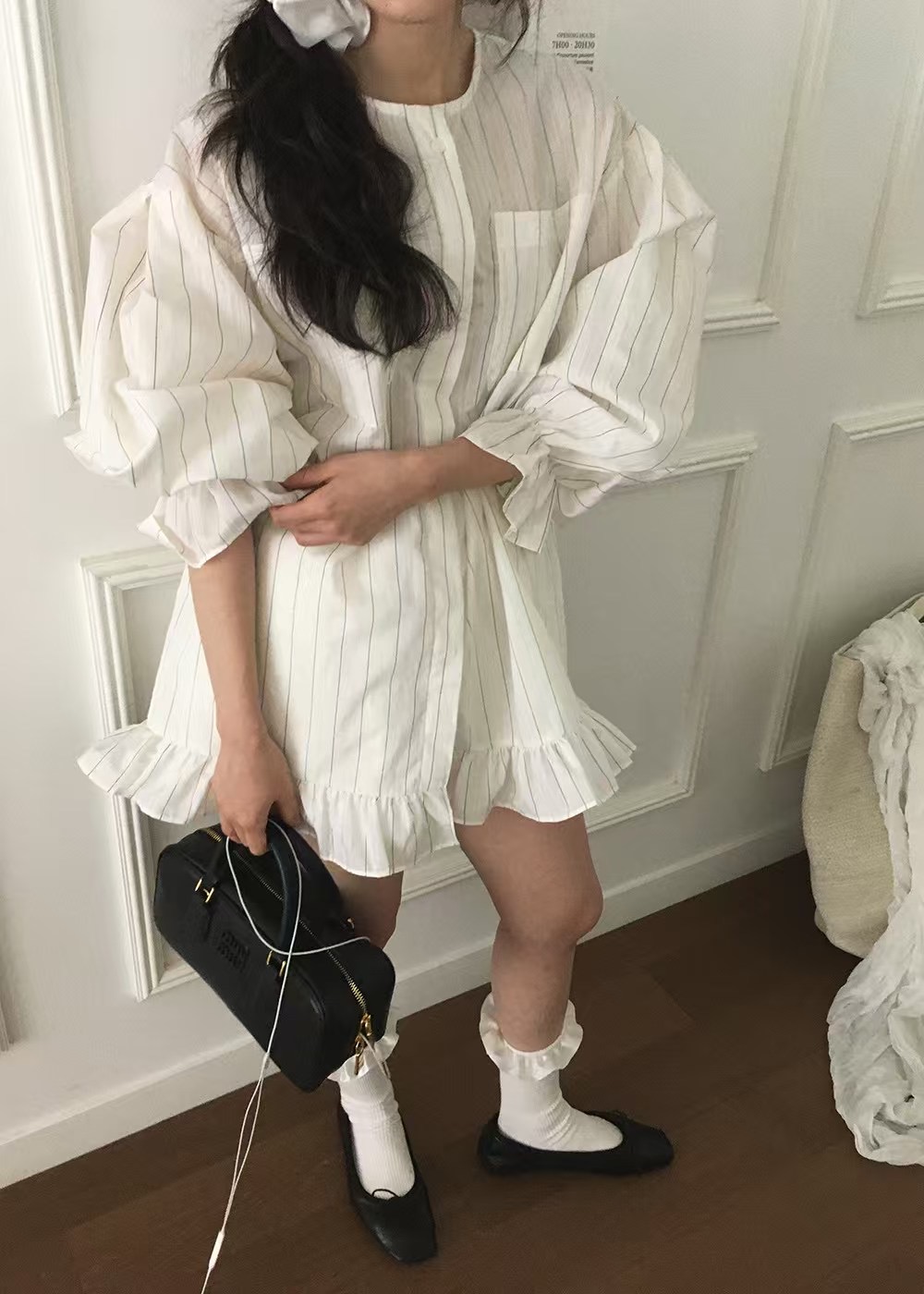 フレンチガーリー フリル裾ストライプシャツワンピース