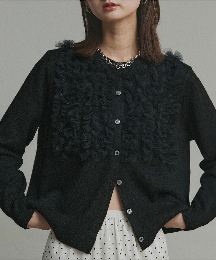 フレンチガーリー 花模様フリルニットカーディガン