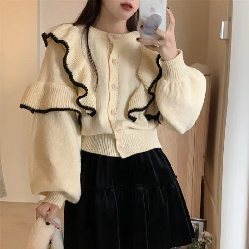 フレンチガーリー フリル襟カーディガン 上品ニット 黒白2色展開