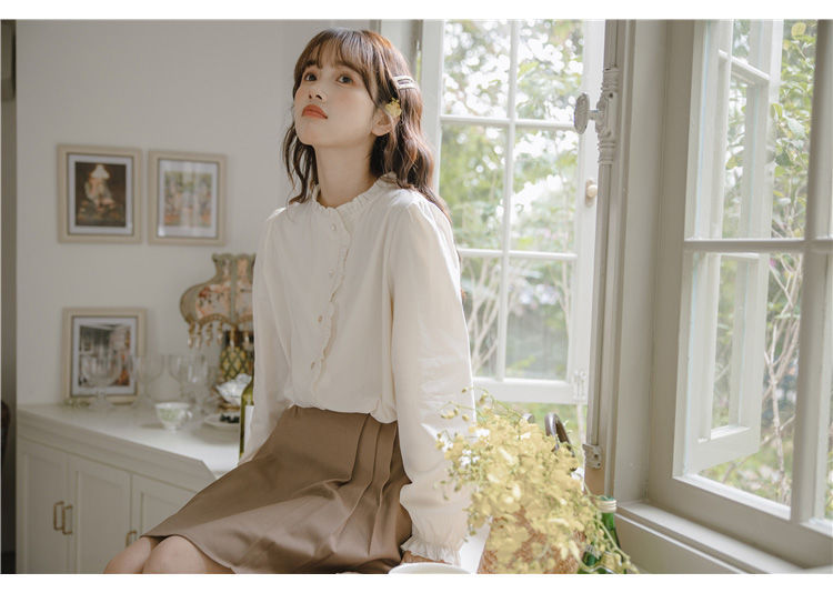 フレンチガーリー フリルネック長袖ブラウス白レディース新作