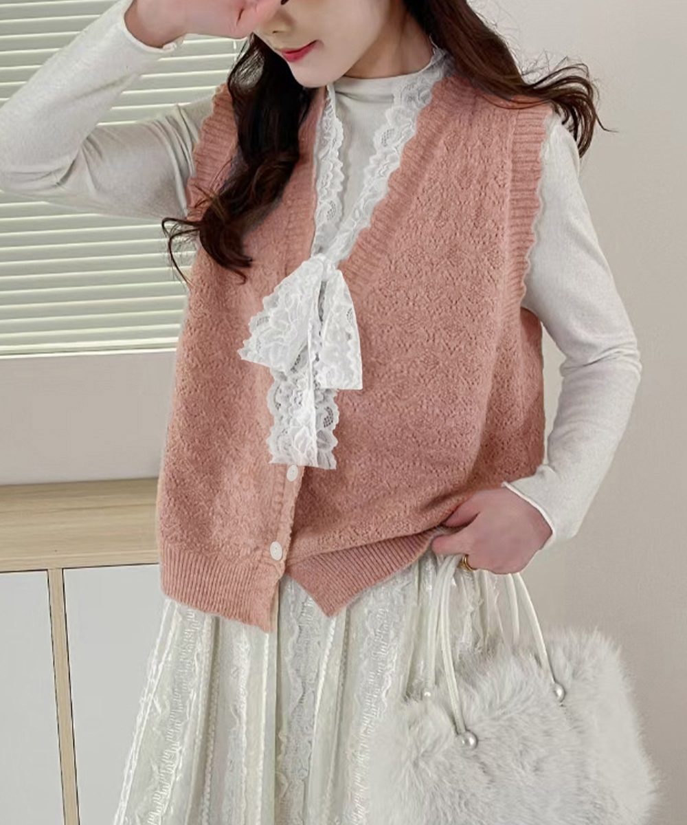 フレンチガーリー レース襟リボン付きニットベスト