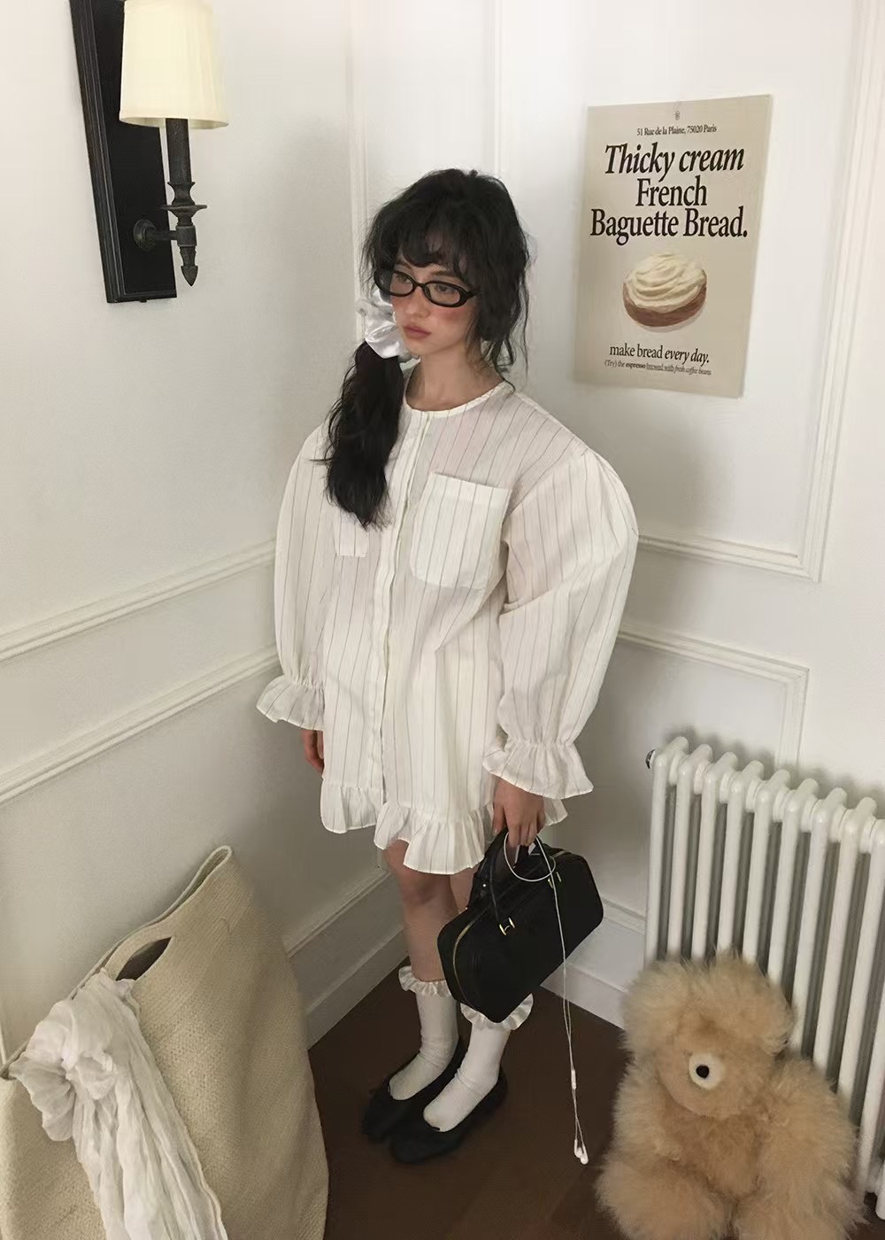 フレンチガーリー フリル裾ストライプシャツワンピース