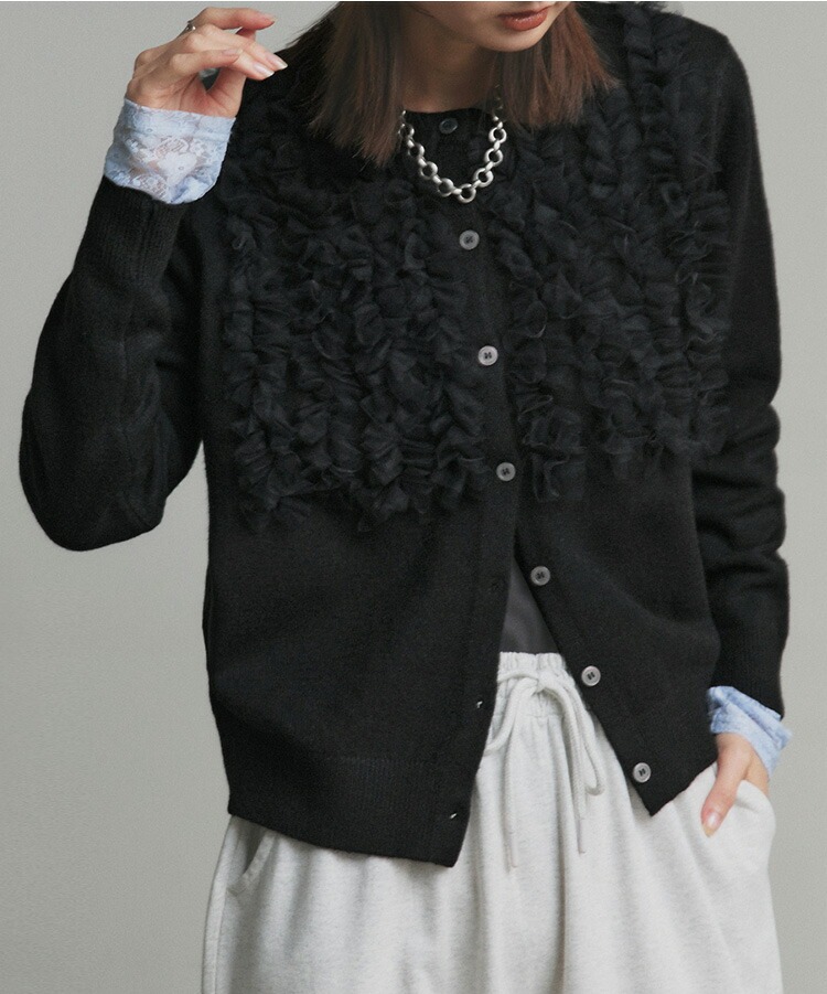 フレンチガーリー 花模様フリルニットカーディガン