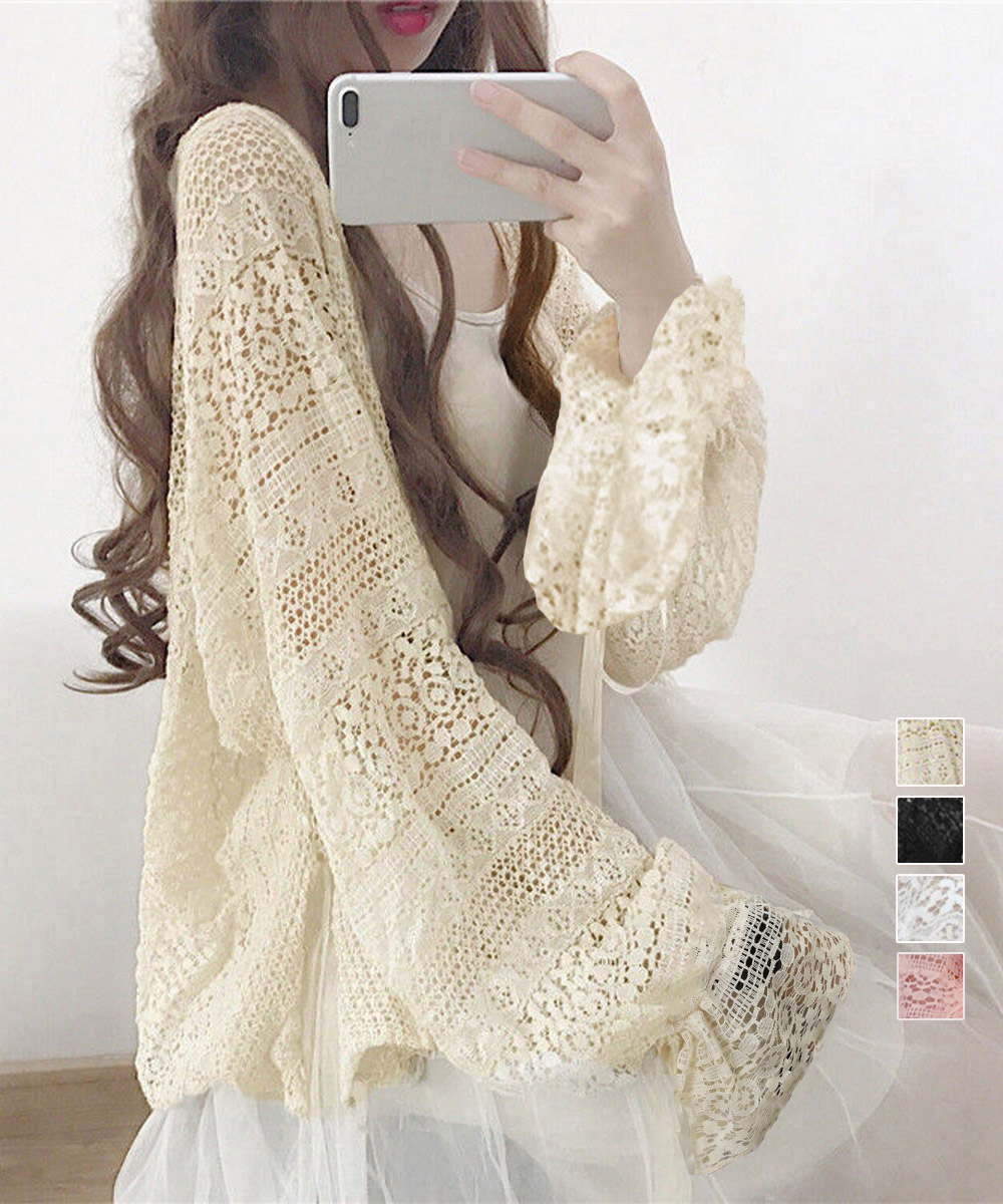 フレンチガーリー 透かし編みレースカーディガン袖リボン