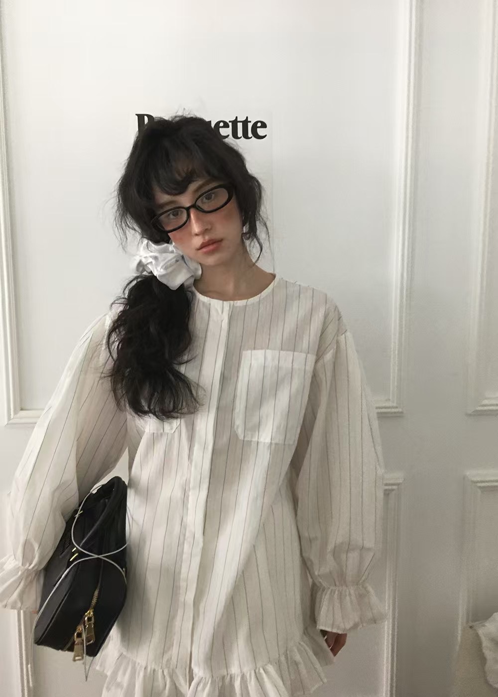 フレンチガーリー フリル裾ストライプシャツワンピース