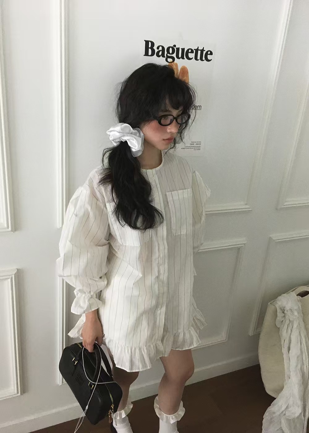 フレンチガーリー フリル裾ストライプシャツワンピース