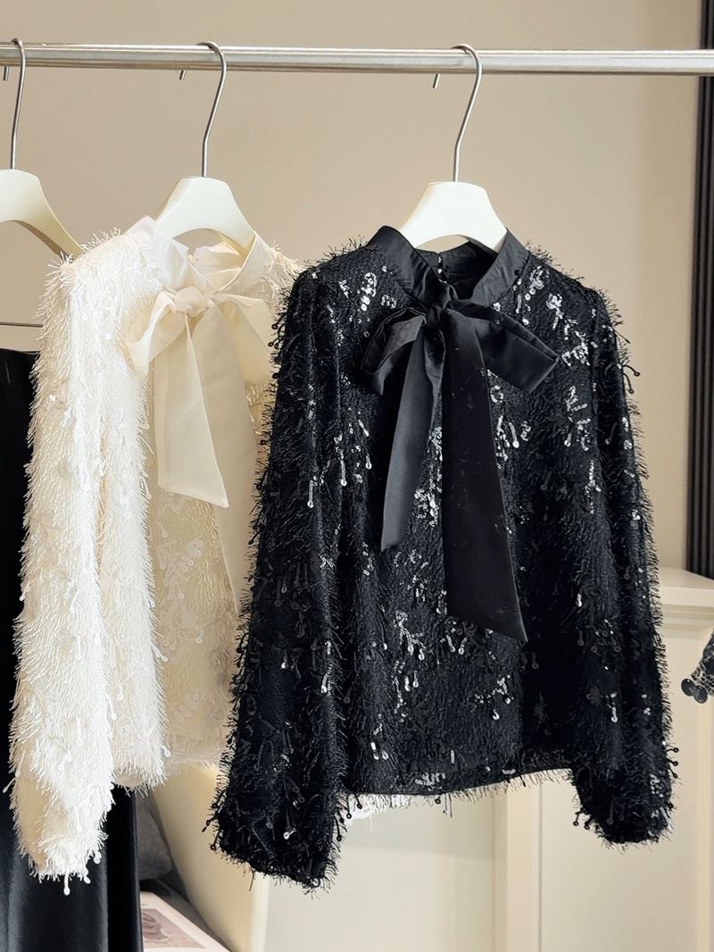 フレンチガーリー レース蝶結びブラウス・フリンジ素材・２色展開