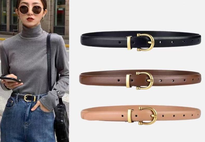 レディース ベルト 金具バックル細身レザーベルト