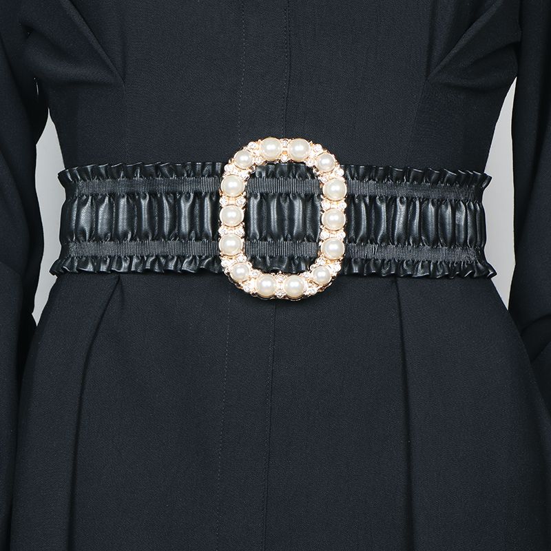 レディース ベルト レディース 幅広 フリルレザーベルト パール装飾付き