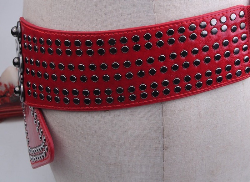 レディース ベルト レディース幅広レザーベルト スタッズ付き合皮ウエストベルト