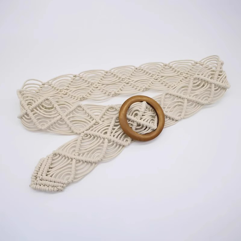 レディース ベルト マクラメ編み込み木製バックル付きメッシュベルト