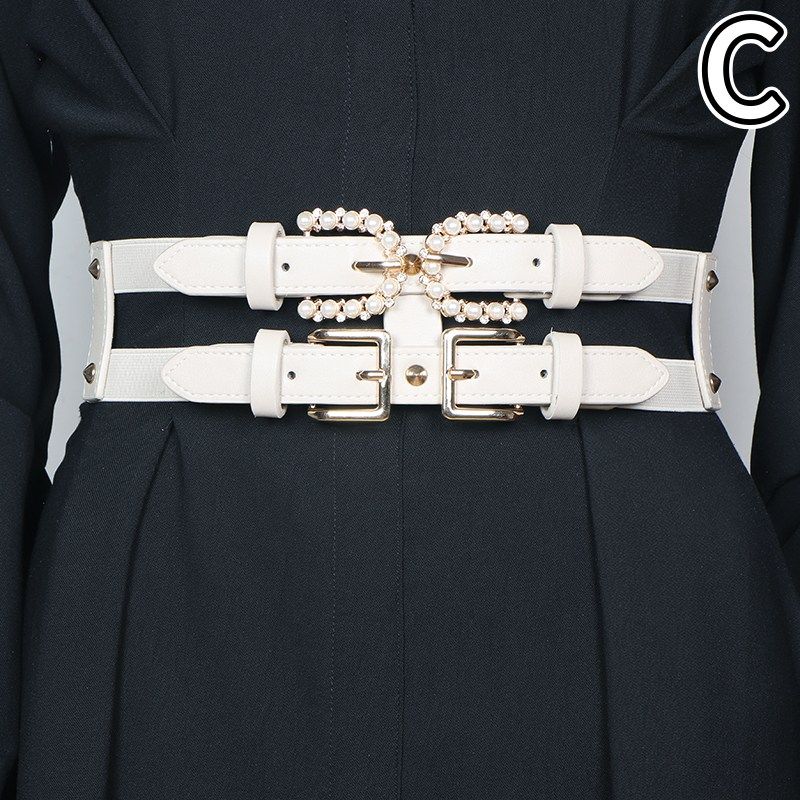 レディース ベルト レディース レザーベルト パール装飾 二重ベルト