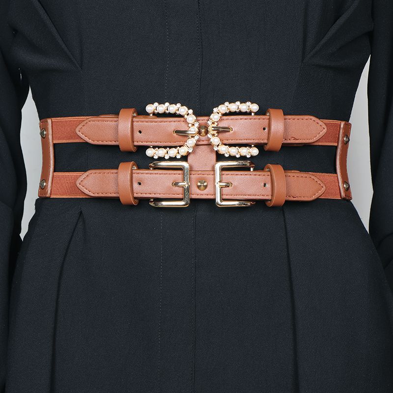 レディース ベルト レディース レザーベルト パール装飾 二重ベルト