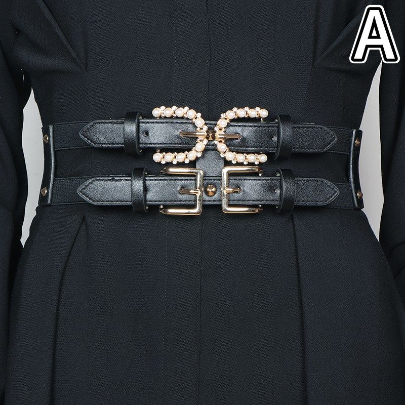 レディース ベルト レディース レザーベルト パール装飾 二重ベルト