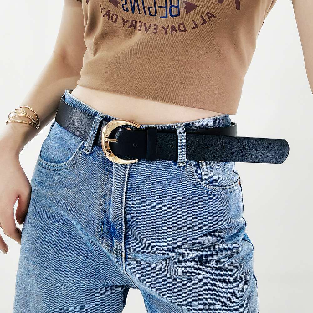 ベルト レディース レザーベルト ゴールドバックル付き細身レザーベルト