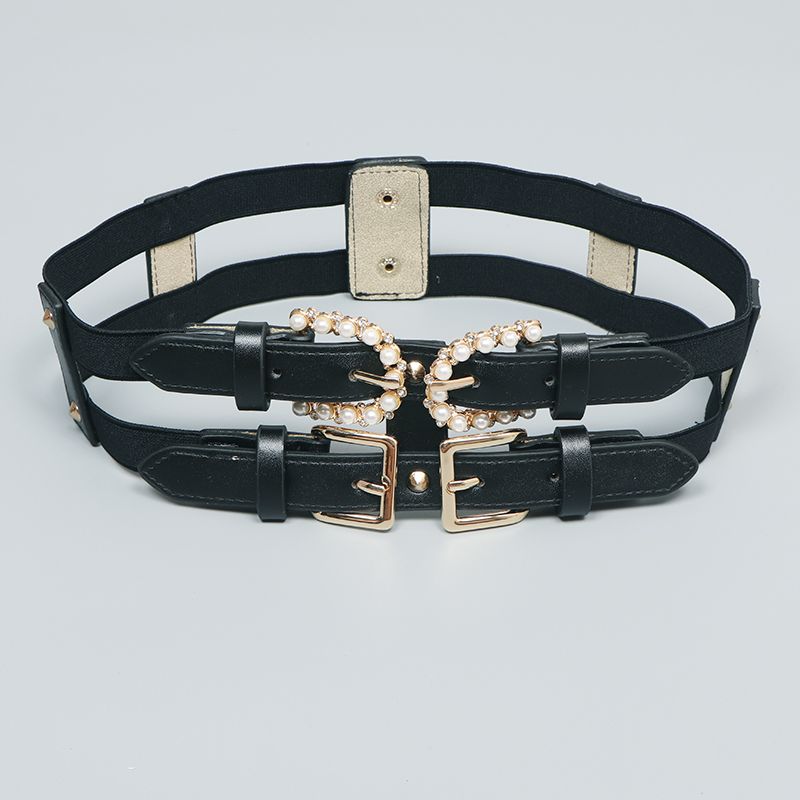 レディース ベルト レディース レザーベルト パール装飾 二重ベルト