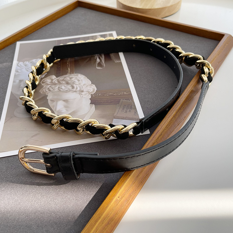 レディース ベルト レディース チェーンベルト 黒 金色 ウエスト調整可能