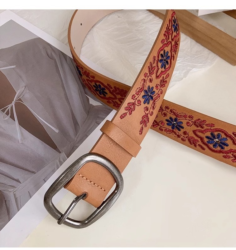 レディース ベルト 女性用花柄刺繍レザーベルト 合成皮革
