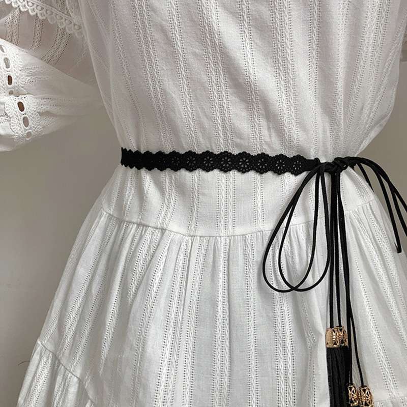 ベルト レディース メッシュベルト レース編み細紐タッセル付きウエストベルト