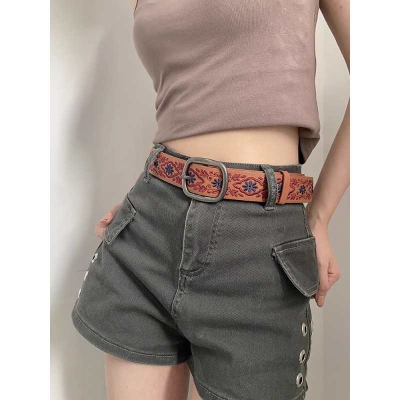 レディース ベルト 女性用花柄刺繍レザーベルト 合成皮革