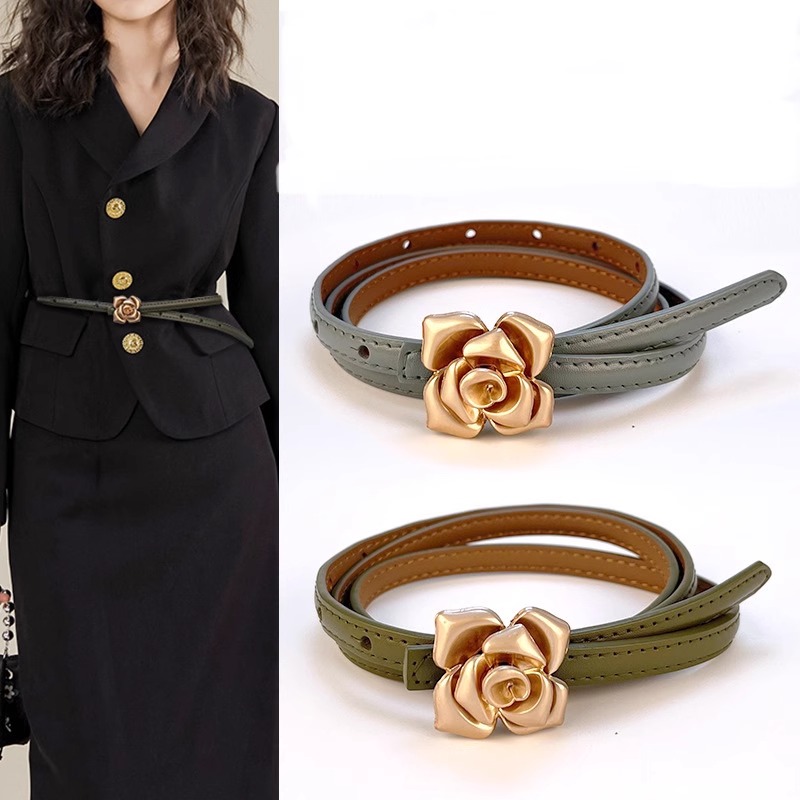レディース ベルト 薔薇モチーフ レディース レザーベルト 合皮 細ベルト