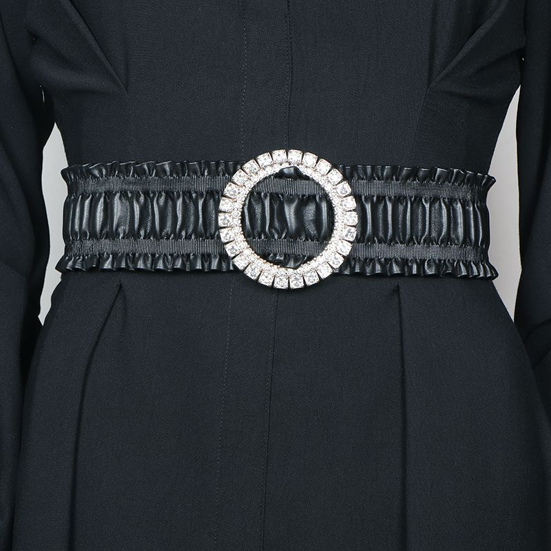 レディース ベルト レディース 幅広 フリルレザーベルト パール装飾付き