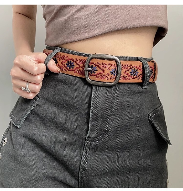 レディース ベルト 女性用花柄刺繍レザーベルト 合成皮革